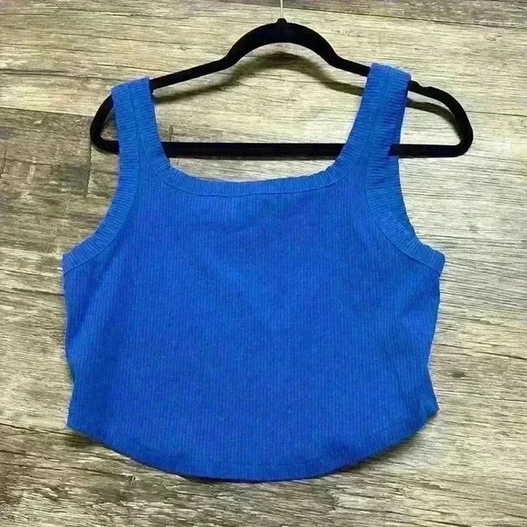 Madewell Ribbed Royal Blue Scoop Neck Sleeveless Crop Top - Picture 2 of 3